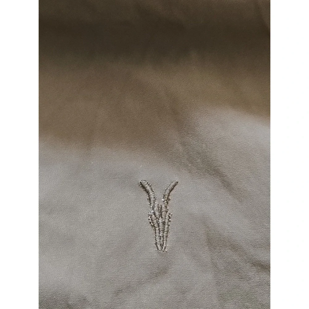 AllSaints Mens Tan Khaki Racer Bomber Jacket XL Embroidered Logo Zip Cuffs - Picture 14 of 16